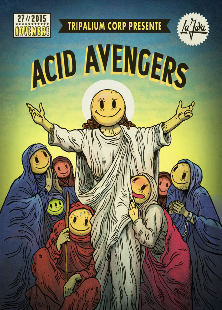 Visuel pour la soirée <em>Acid Avengers</em> du 27/11/2015 à la Java (Paris), artwork © Prozeet.